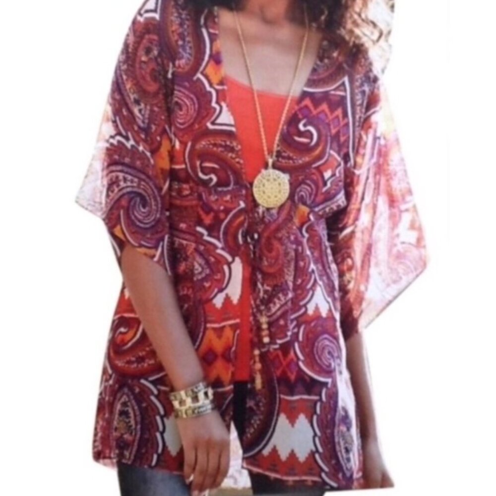 CAbi Large‎ Purple Red Boho Paisley Tie Front Chiffon Duster Kimono Vacation - Picture 2 of 12
